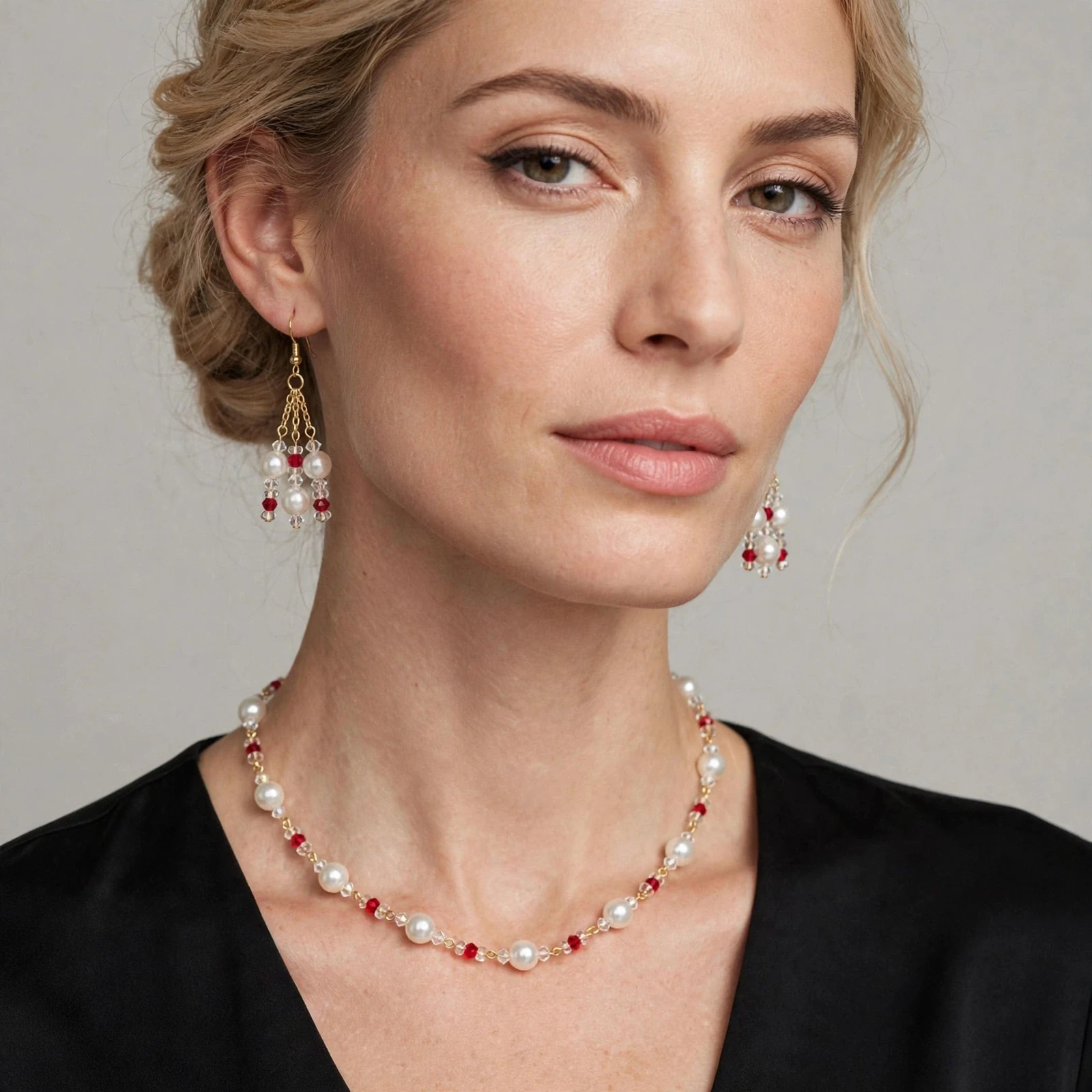 Graceful Pearl and Ruby Crystal necklace and earrings
